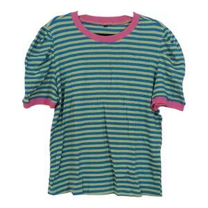 Womens XXL Blue Green Striped Crewneck Shirt Colorblock Y2K Summer Top Retro Tee